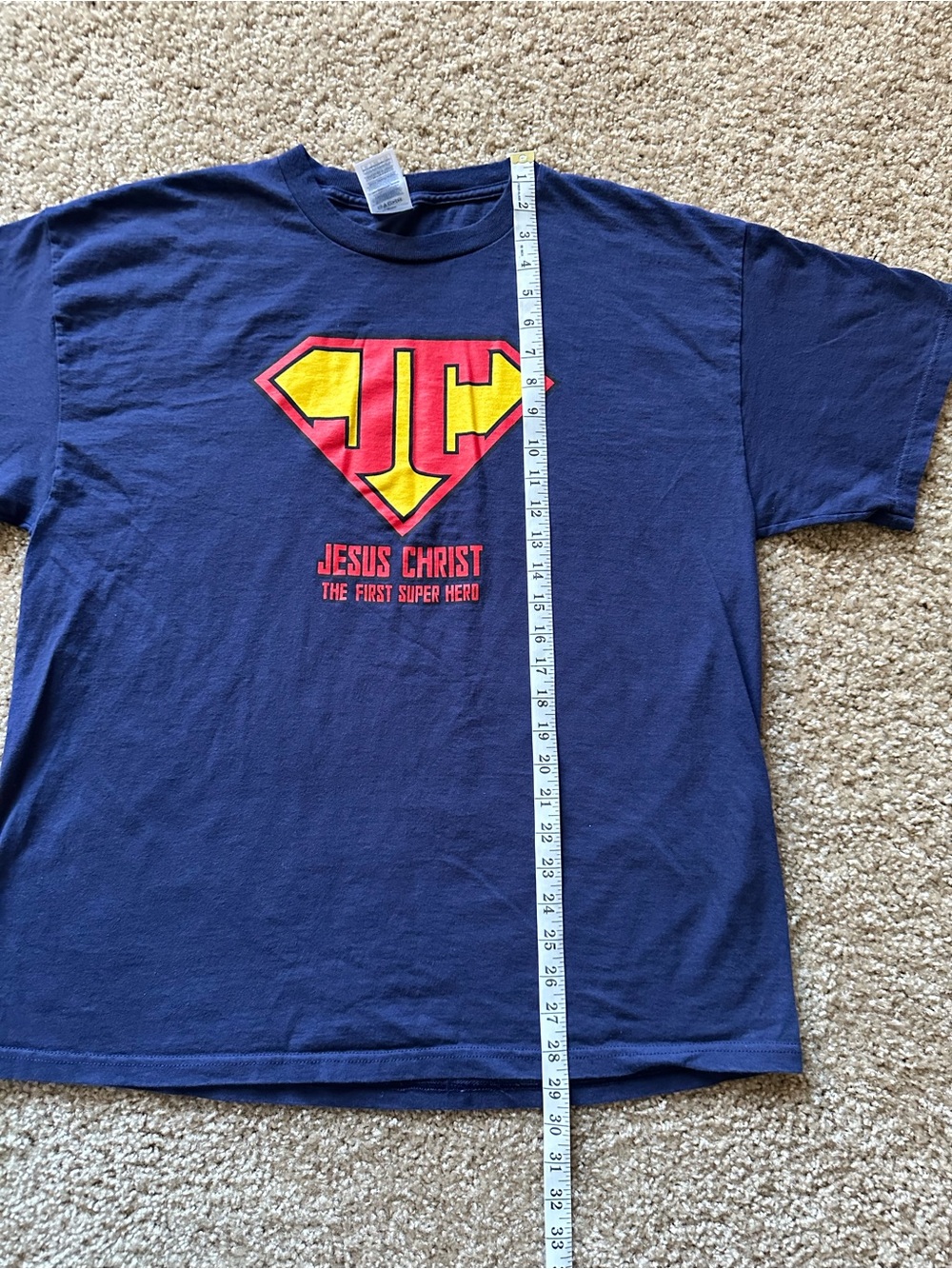 Jesus Christ The First Super Hero Christian T-Shirt Navy Blue Mens XL Superhero